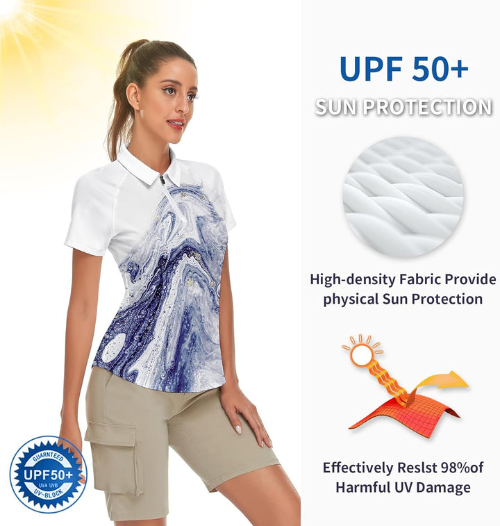 Soneven Atmungsaktiv Poloshirt Damen Leichtes Sportshirt Tailliert Karierte Bluse UPF 50+ Kurzarm 1/