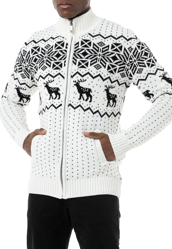 Redbridge Herren Strickjacke Norweger Strickpullover mit Reissverschluss S Weiss, S Weiß