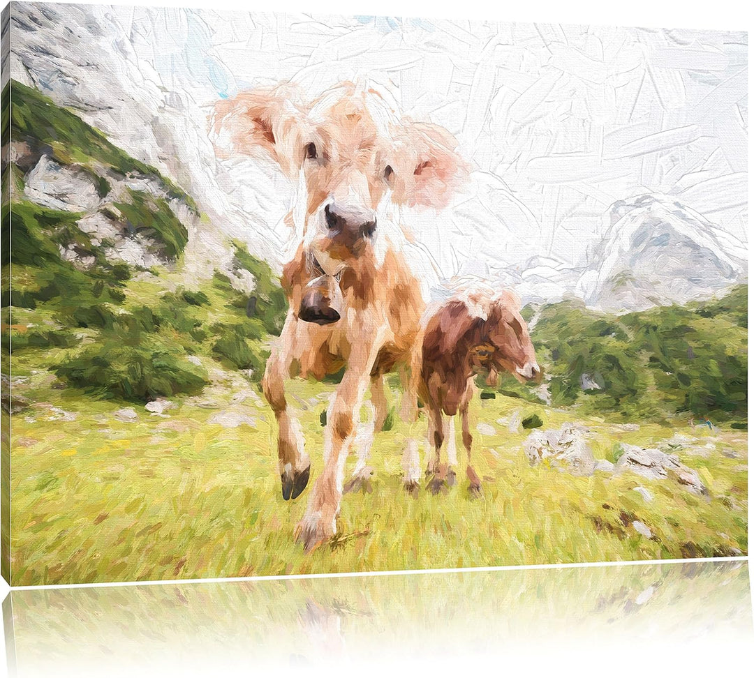 Pixxprint Almkuh auf der Weide Kunst als Leinwandbild/Grösse: 100x70 / Wandbild/Kunstdruck/fertig be