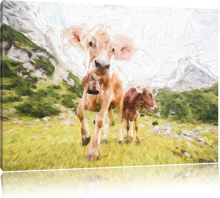 Pixxprint Almkuh auf der Weide Kunst als Leinwandbild/Grösse: 100x70 / Wandbild/Kunstdruck/fertig be