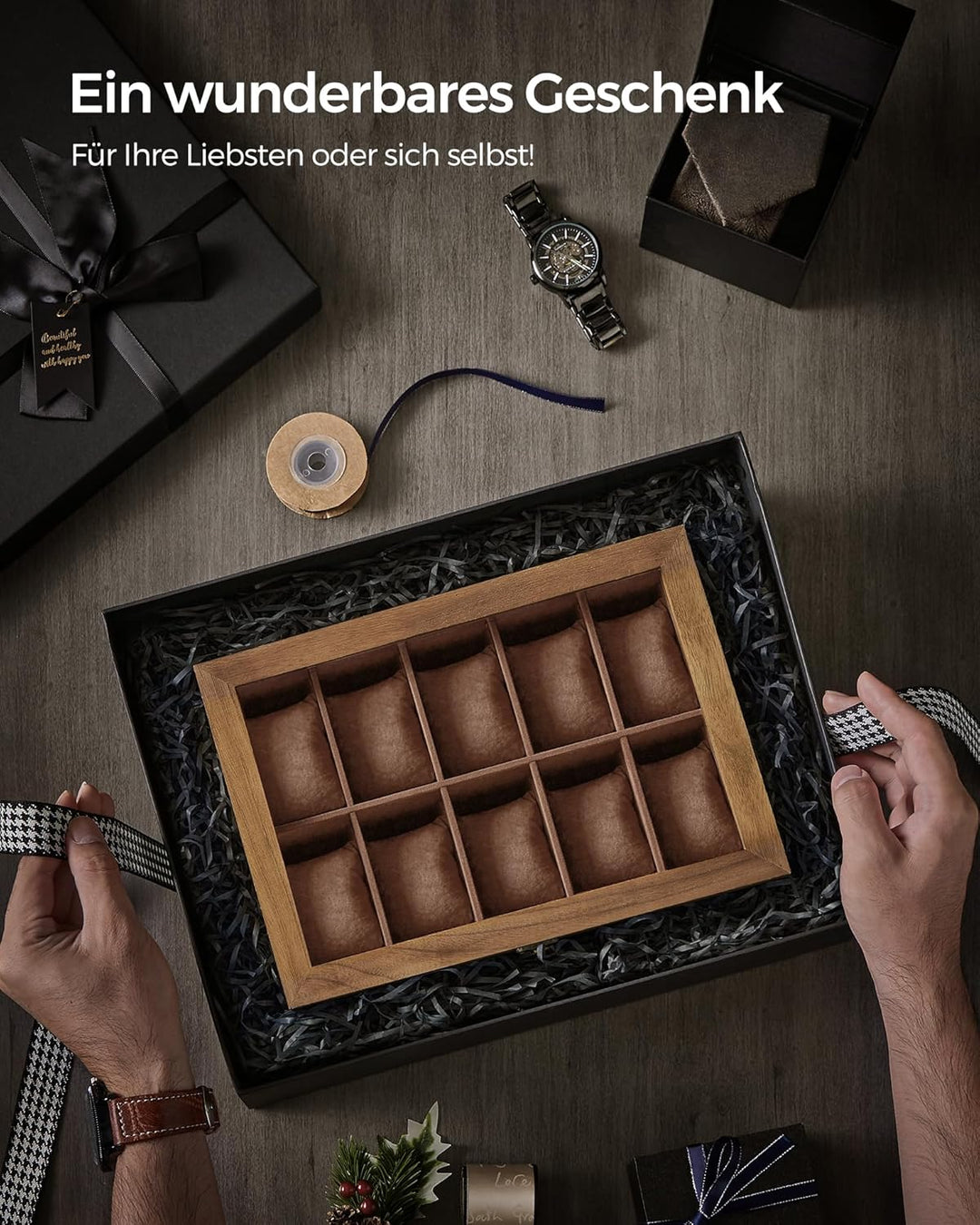 SONGMICS Uhrenbox mit 10 Fächern, Uhrenkasten aus Massivholz, mit Glasdeckel, Uhrenkissen, Geschenk