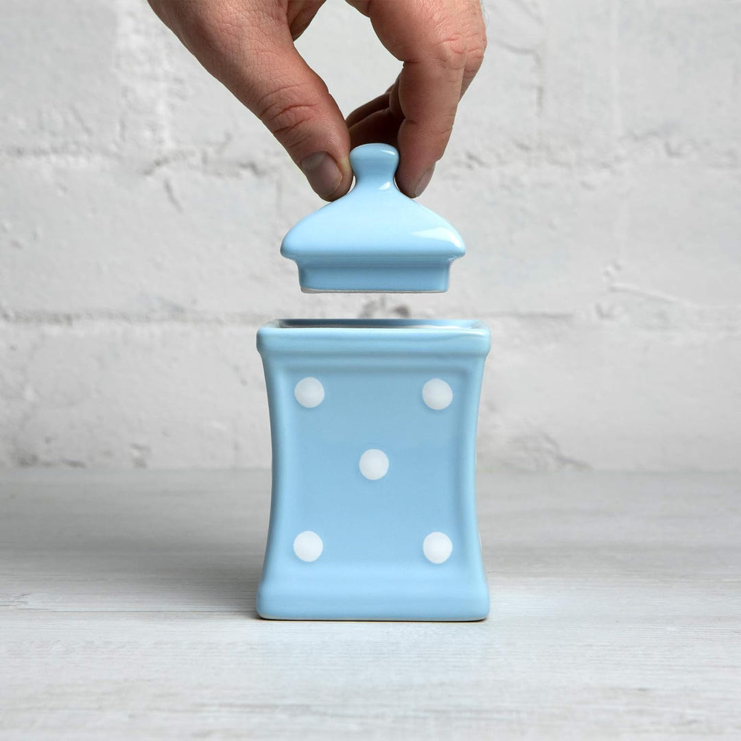 City to Cottage® - Keramik Behälter Küche 150 ml | Hellblau und Weiss | Polka Dots | Handgemacht | B