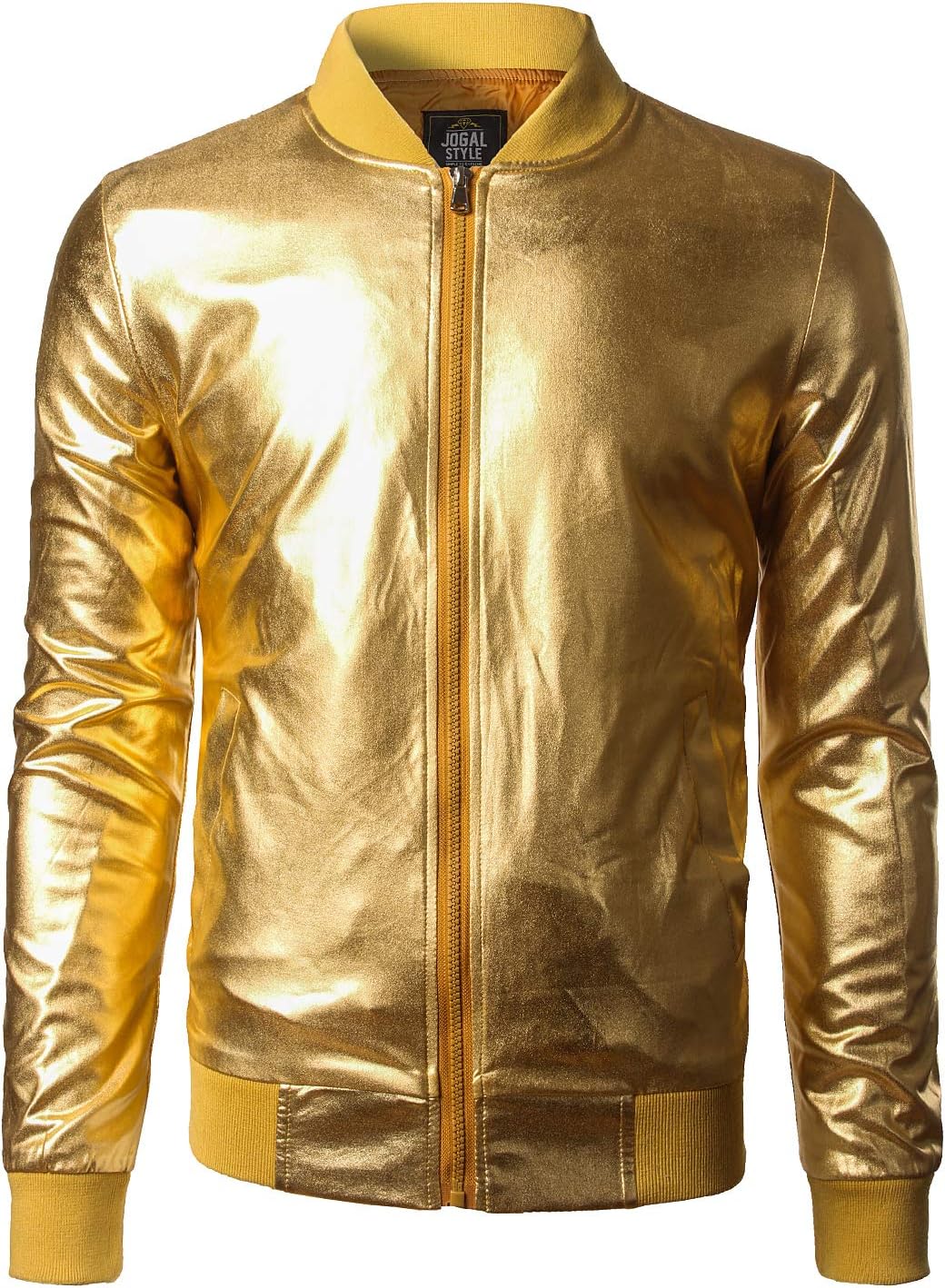 JOGAL Herren Metallic Nachtclub Reissverschluss Baseball Bomber Jacke XXL Gold, XXL Gold
