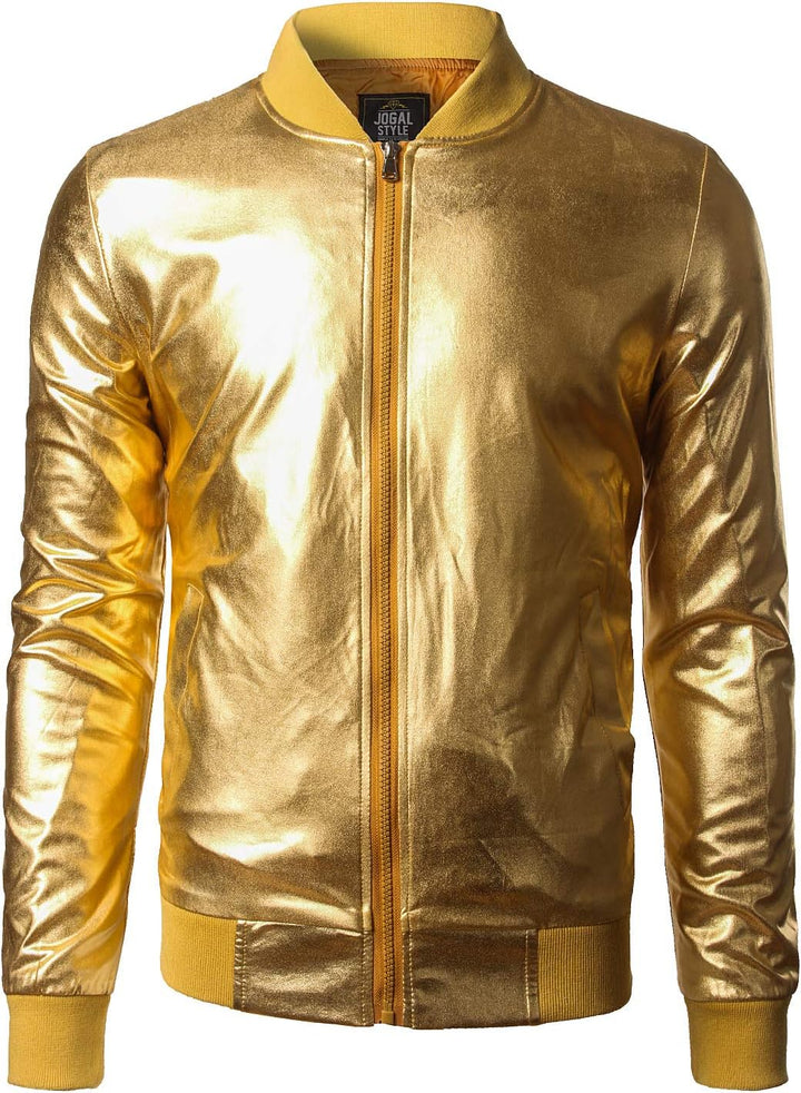 JOGAL Herren Metallic Nachtclub Reissverschluss Baseball Bomber Jacke XXL Gold, XXL Gold