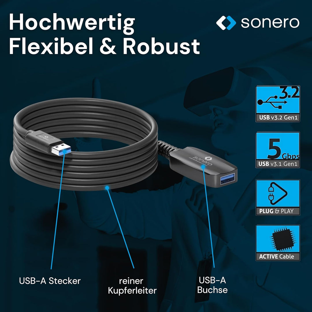 Sonero USB 3.2 Gen1x1 Aktive Verlängerung - A/A - schwarz - 10,00m 10,0 m USB-A auf USB-A, 10,0 m US