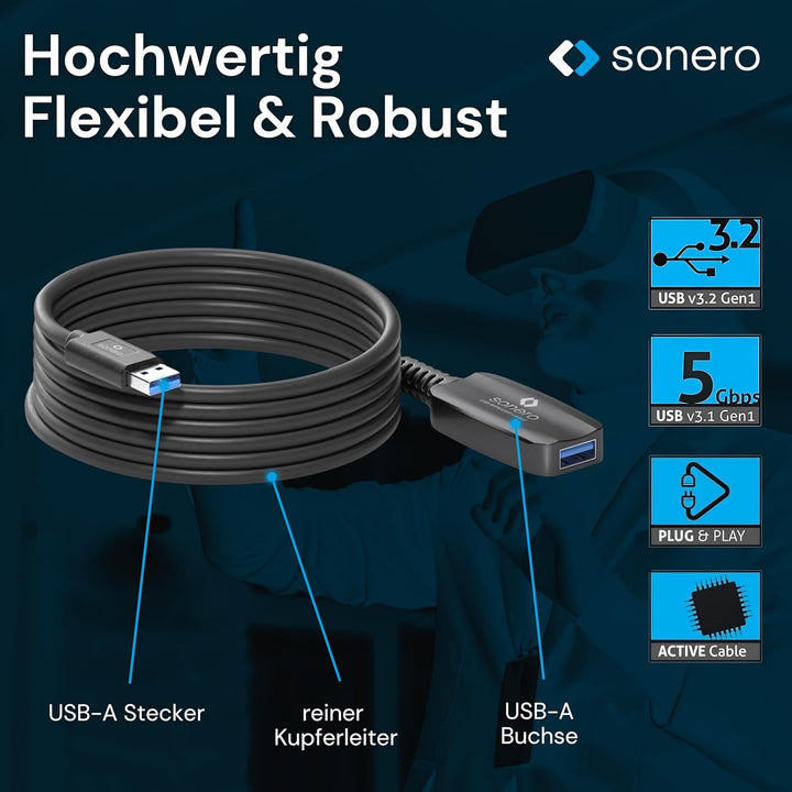 Sonero USB 3.2 Gen1x1 Aktive Verlängerung - A/A - schwarz - 10,00m 10,0 m USB-A auf USB-A, 10,0 m US