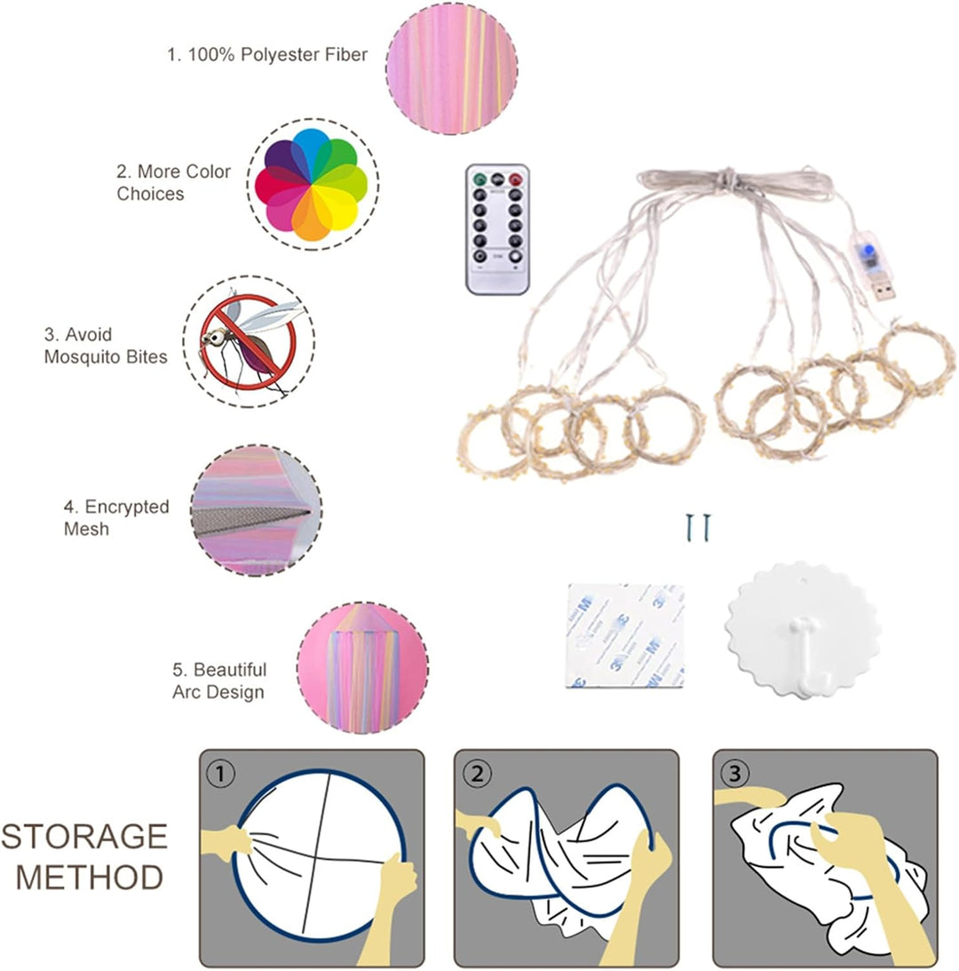 Eimilaly Prinzessin Betthimmel mit 250pcs Warm White Curtain Lichter, Regenbogen Betthimmel für Mädc