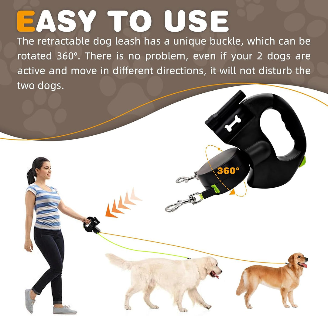 Hundeleine für 2 Hunde, Automatisch Einziehbare Hunde Leine mit Taschenlampe und Taschenspender, Dop