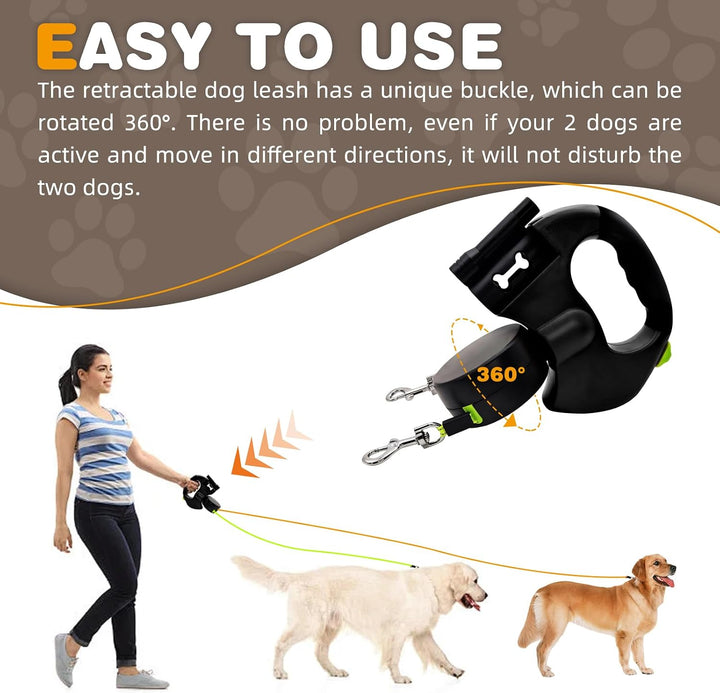 Hundeleine für 2 Hunde, Automatisch Einziehbare Hunde Leine mit Taschenlampe und Taschenspender, Dop
