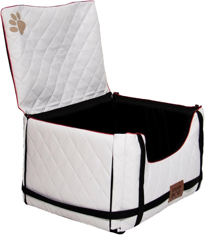 Golden Dog - Transportbox Hund mit Sicherheitsgurt M-52x44x33 cm - Leder Imitation Autositz Hund, Wa