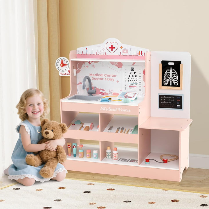 HOMASIS Arzt-Set aus Holz, Arzt-Set für Kinder mit Waschbecken, Sichtprüfung, Elektrokardiogramm, Uh