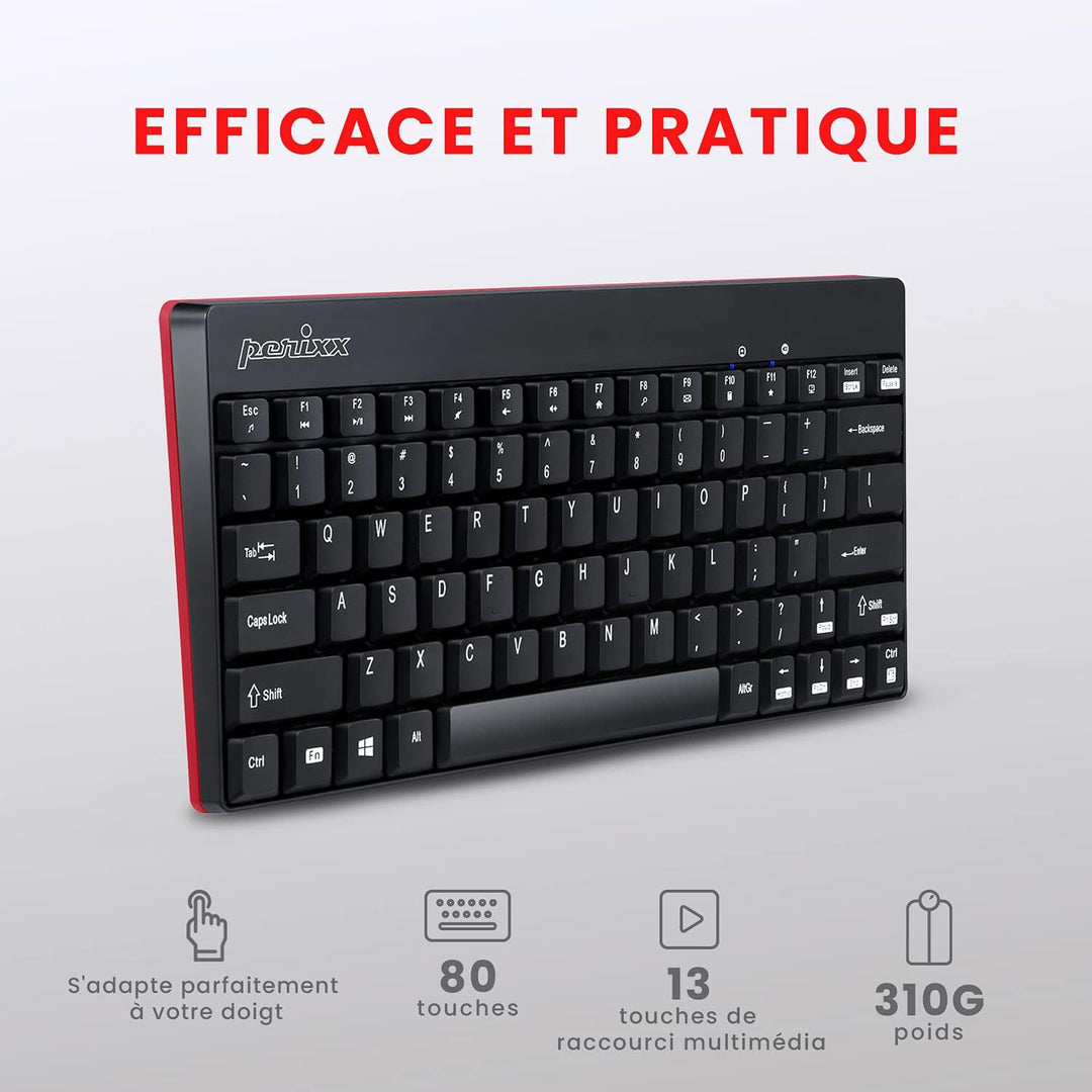 Perixx PERIDUO-712, Ensemble Clavier Souris Mini Sans Fil Pour Windows - 12 Touches Multimédia, Noir