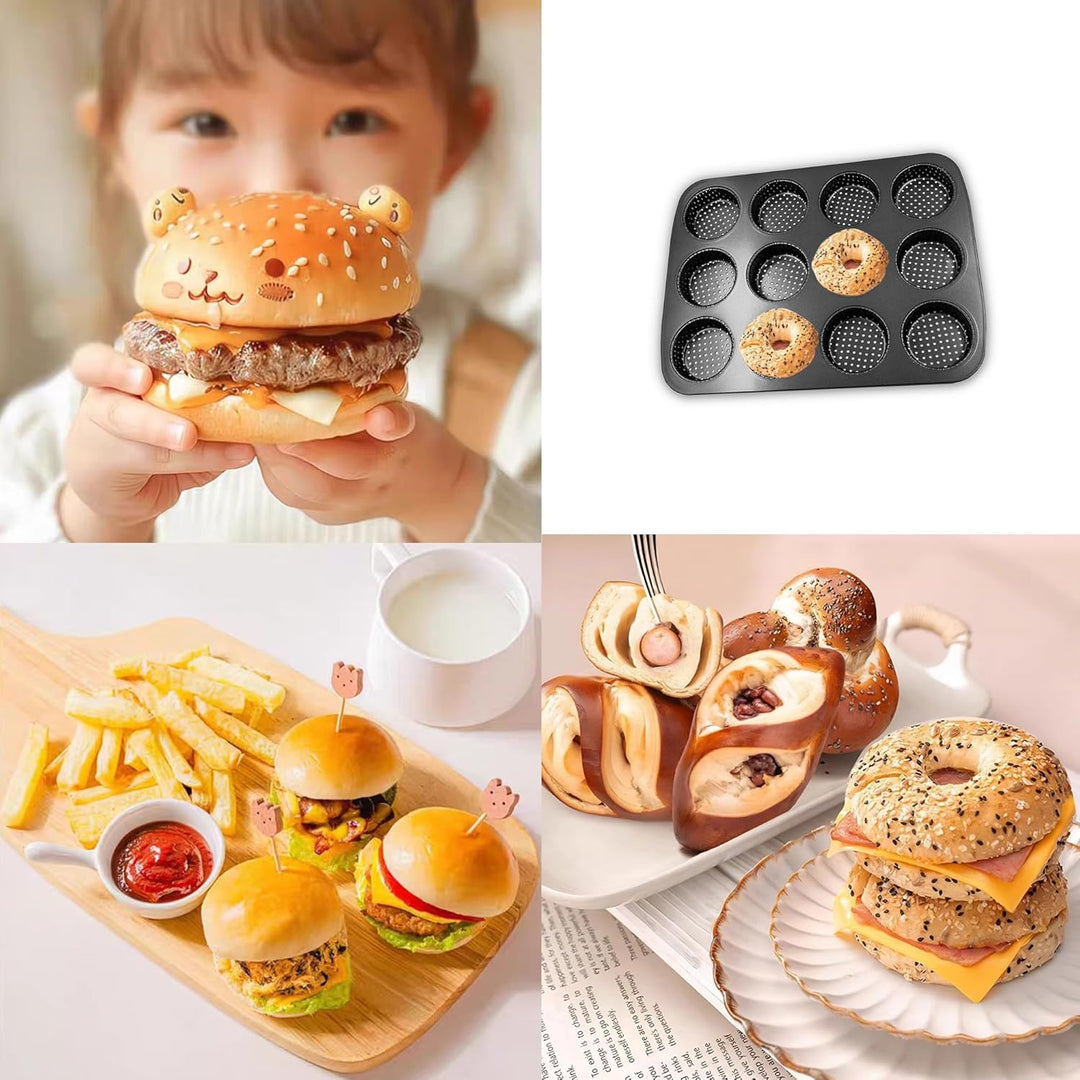 Mini Burger Brotblech, 12 Formen, Kohlenstoffstahl, mit Antihaftbeschichtung, Hamburgerbrötchenform