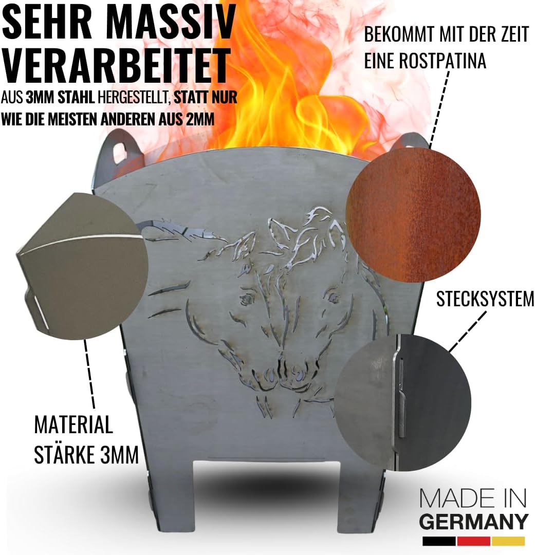 Terma Stahldesign Feuerkorb XXL mit Pferde-Motiv – Massive Feuertonne aus Stahl – dekorative Feuerst