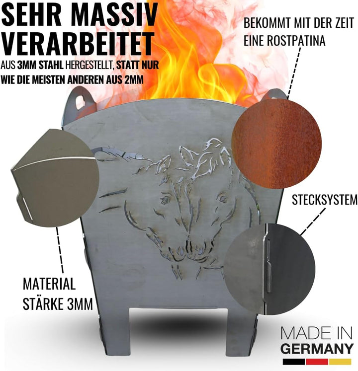 Terma Stahldesign Feuerkorb XXL mit Pferde-Motiv – Massive Feuertonne aus Stahl – dekorative Feuerst
