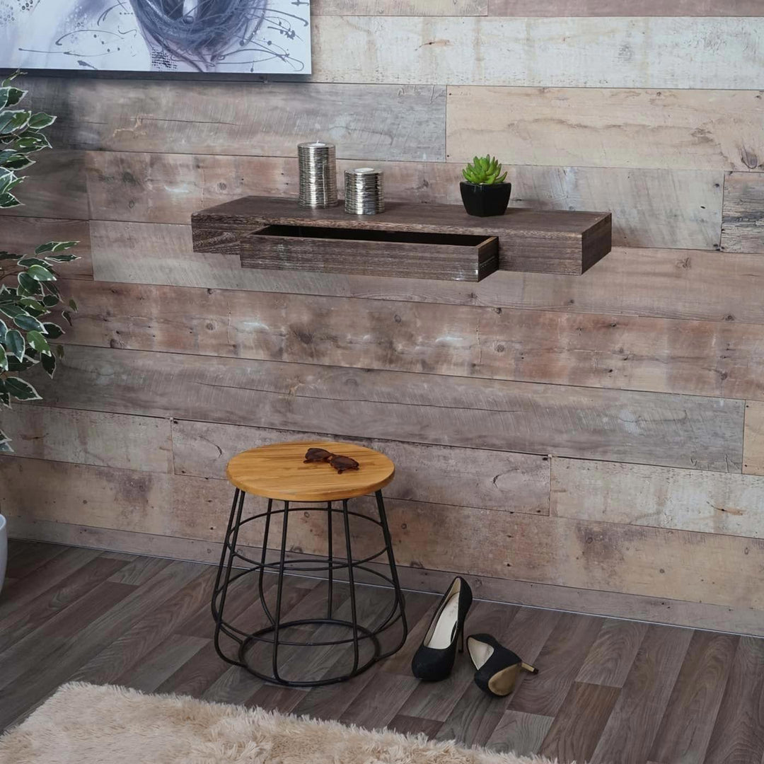 Mendler Wandregal HWC-H37, Schweberegal Wandboard Hängeregal Regal, Schublade Massiv-Holz 8x80x25cm