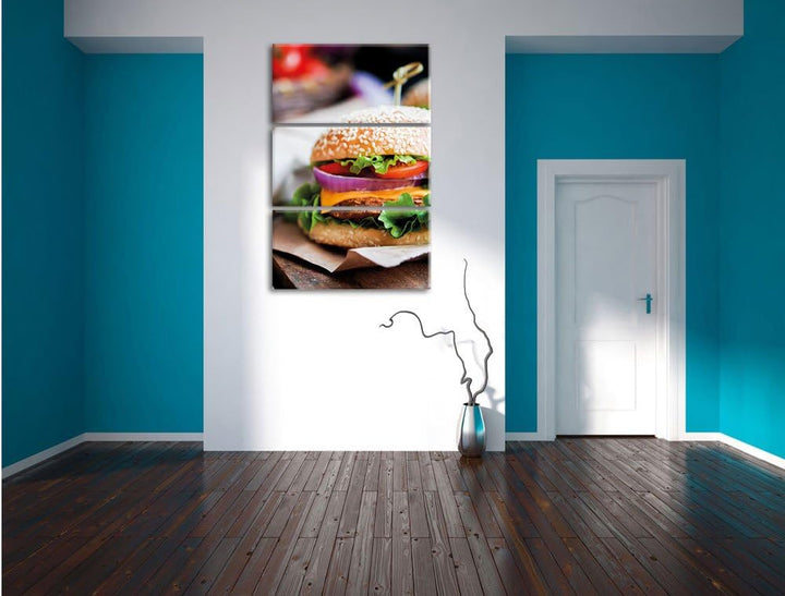 Pixxprint Burger und Pommes als Leinwandbild/Grösse: 3 Teilig (120x80) cm/Wandbild/Kunstdruck/fertig