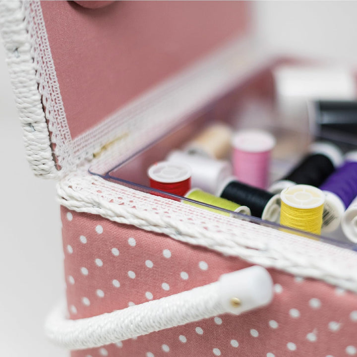Korbond Nähkorb mit zwei Deckeln, gepunktet, 17 x 24 x 31 cm, Rosa L Pink / Punkte, L Pink / Punkte