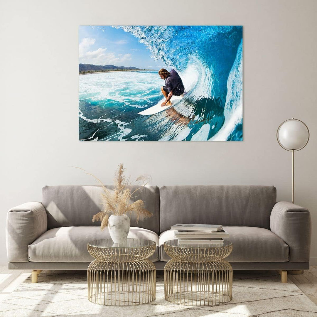 Bilder auf Glas 100x70cm Glasbild Surfen Surfer Ozean Welle Gross Wanddeko Bild im Glas Schlafzimmer
