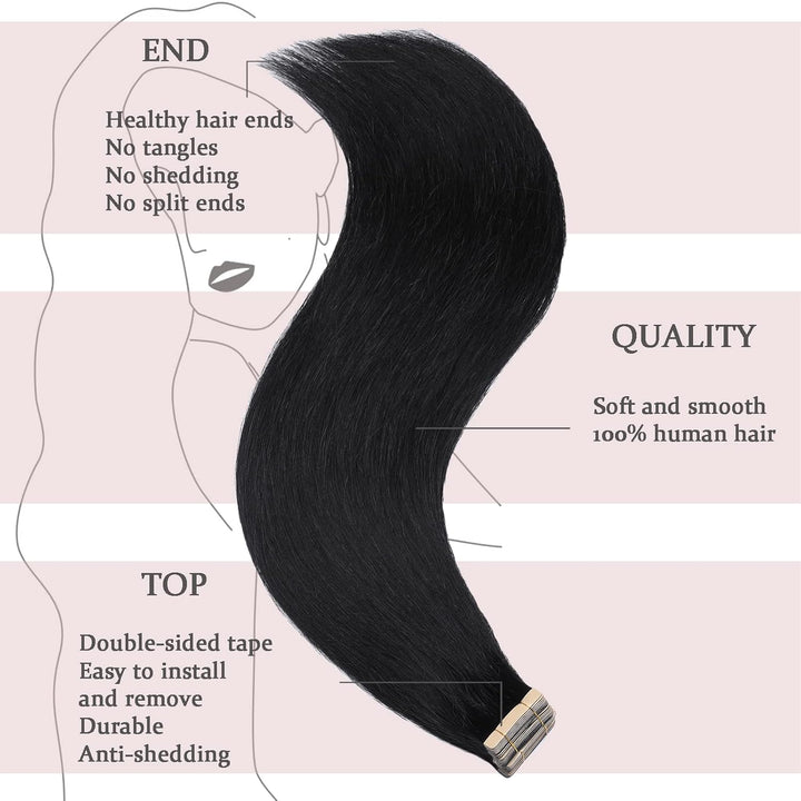 HotLulana Tape Extensions Echthaar Tief Schwarz Extensions Echthaar 20zoll/50cm 50g Skin Weft 100% N