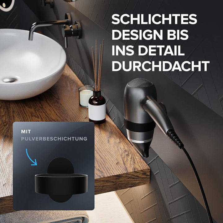 Haartrocknerhalter Kvitoya | Edelstahl | schwarz matt | mit Wandmontage ohne Bohren | mit Fönpolster