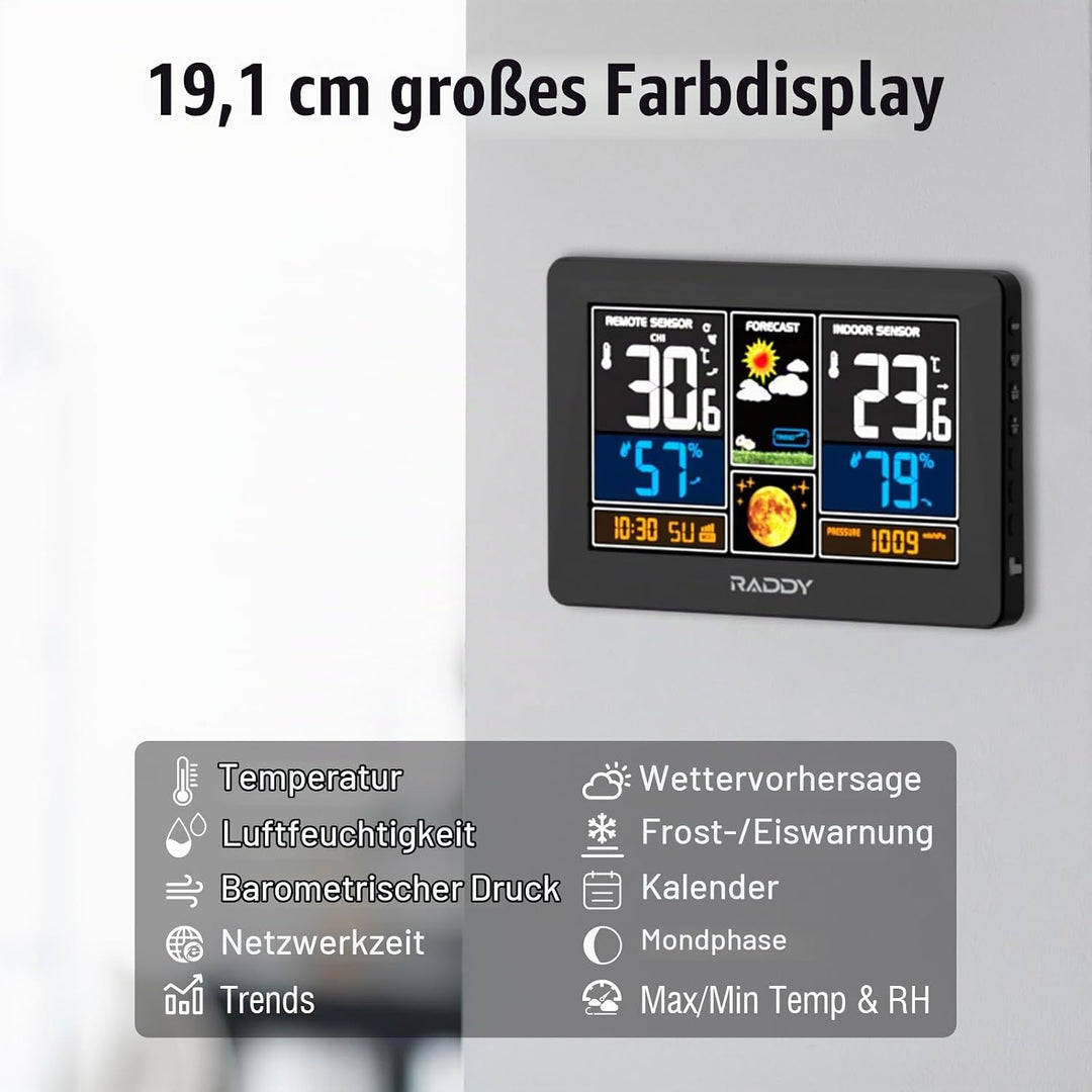 Raddy N75 Wi-Fi Wetterstation mit Aussensensor, 7,5" Funk-Wetterstation, Innen und Aussen Wettervorh