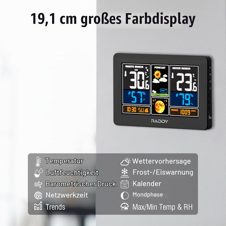 Raddy N75 Wi-Fi Wetterstation mit Aussensensor, 7,5" Funk-Wetterstation, Innen und Aussen Wettervorh