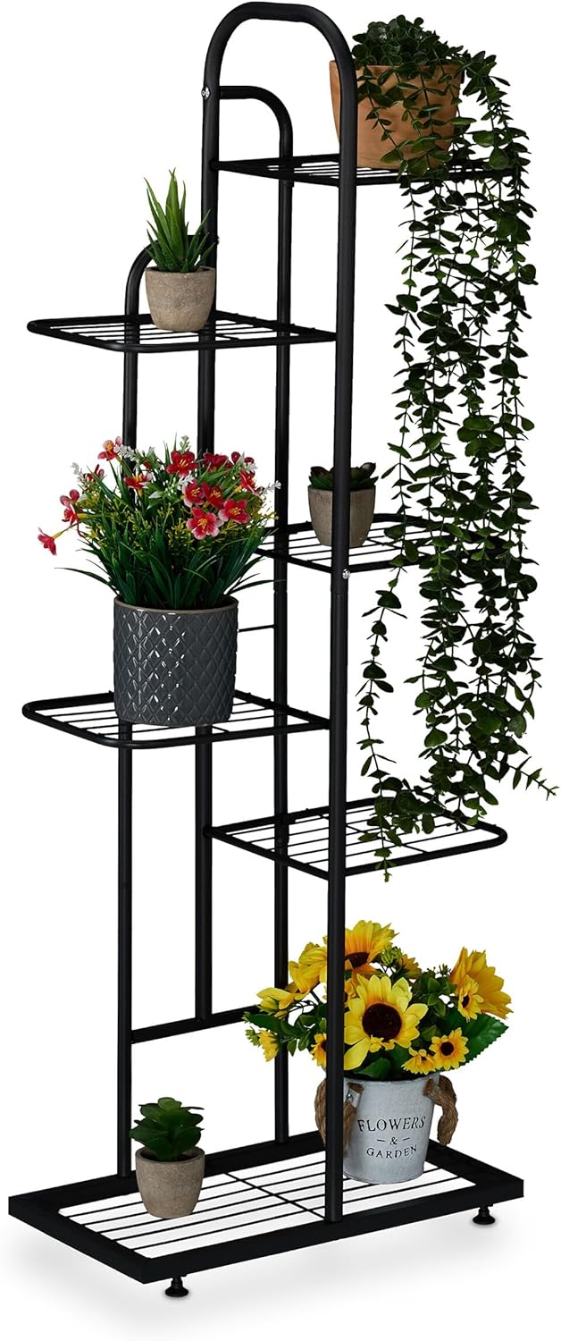 Relaxdays Blumenregal, 6 Ablagen für bis zu 7 Blumen- & Pflanzentöpfe, Metall, Pflanzentreppe, 109,5