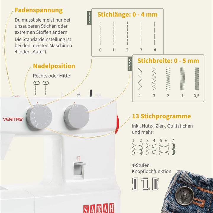 VERITAS Sarah - Mechanische Nähmaschine für Näh-Anfänger &amp; Einsteiger mit 13 Stichprogrammen, Freiar