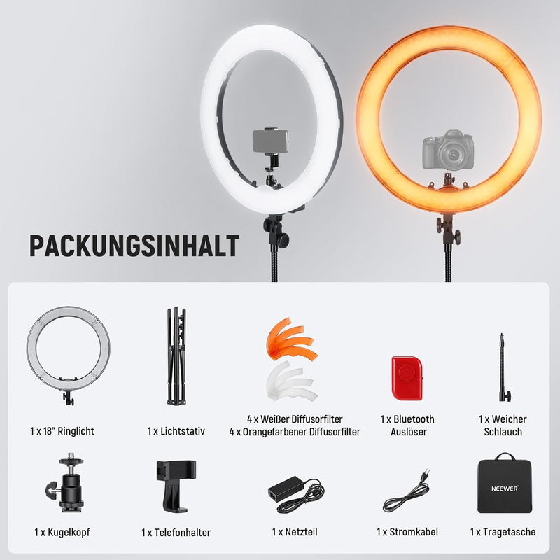 Neewer Ringleuchte Licht Set: 18 Zoll / 48 Zentimeter Aussen 55W 5500K dimmbare LED-Ringlicht Lampen