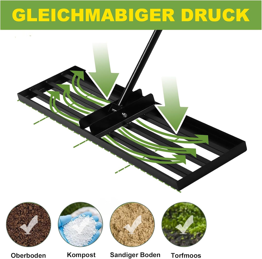 Rasenrechen 75x25cm mit 2m Verstellbarem Griff & Drehsteckersystem , Handlicher Arbeitssparendes Ras