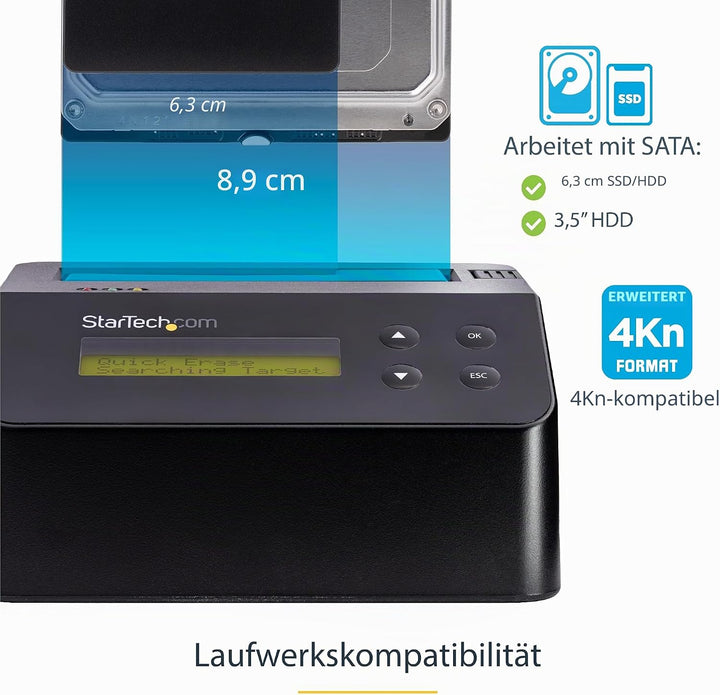 StarTech.com 1-Bay Festplatten Löscher, Selbständiges HDD/SSD Löschgerät, 4Kn, USB 3.0 auf SATA III