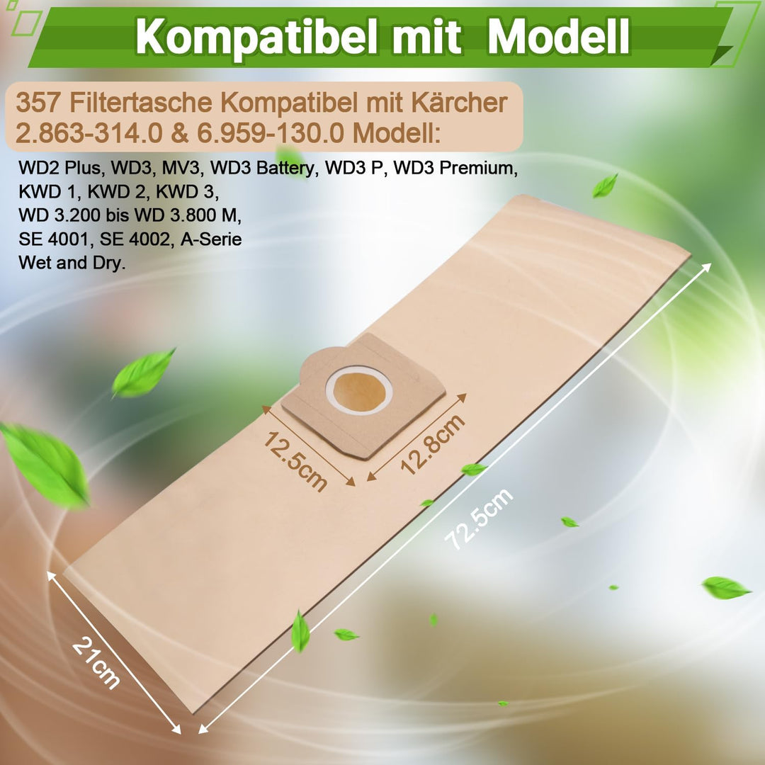 Rebirthcare 15 Stück WD3 Staubsaugerbeutel für Karcher 6.959-130.0 Papier Filtertüten Beutel für WD3