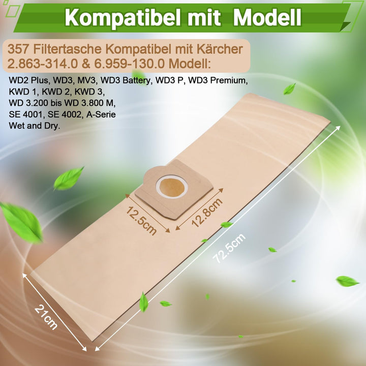 Rebirthcare 15 Stück WD3 Staubsaugerbeutel für Karcher 6.959-130.0 Papier Filtertüten Beutel für WD3
