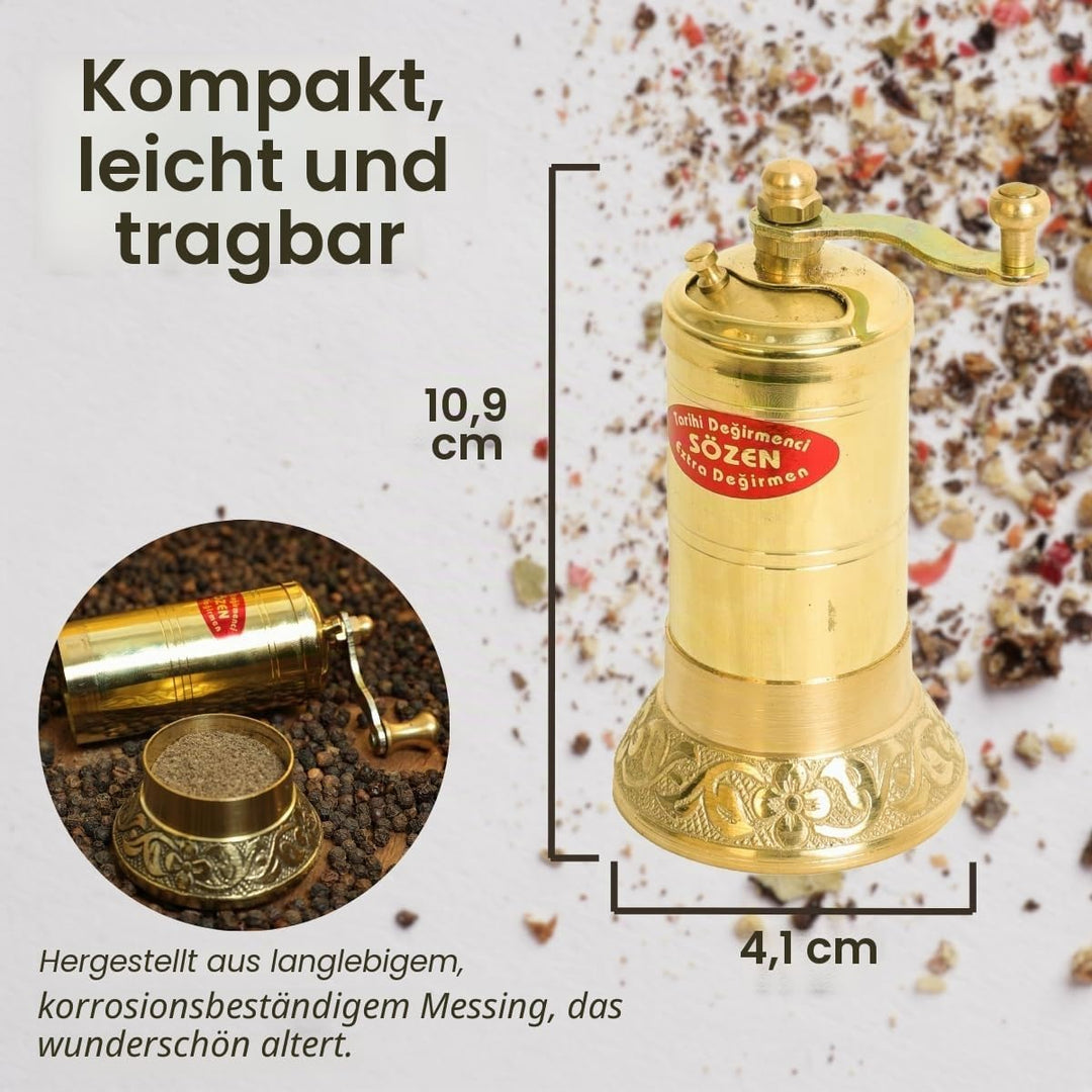 10,9 cm handgefertigte manuelle Messing-Pfeffermühle, tragbare konische Edelstahl-Pfeffermühle, trag