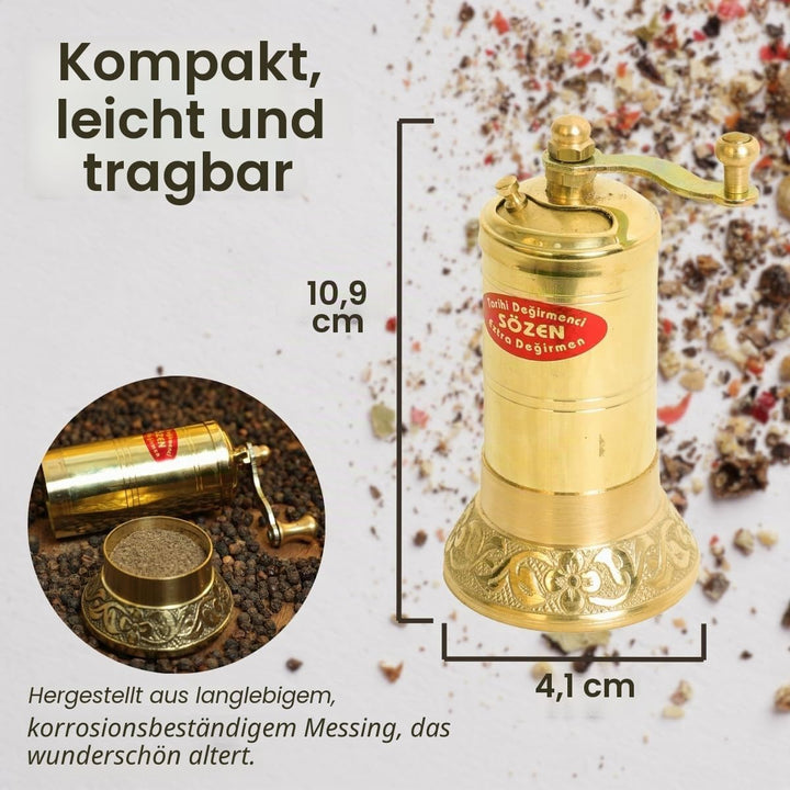 10,9 cm handgefertigte manuelle Messing-Pfeffermühle, tragbare konische Edelstahl-Pfeffermühle, trag