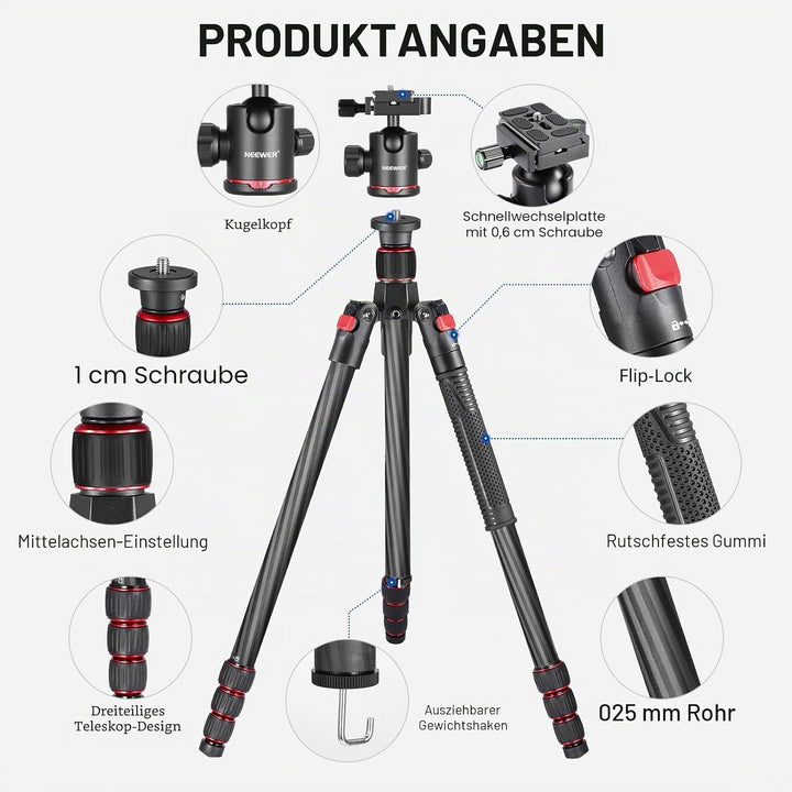 Neewer Kohlefaser 168 Zentimeter Stativ Einbeinstativ mit 360 Grad Kugelkopf, 1/4&
