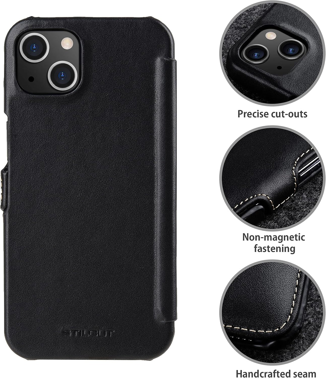 STILGUT Book Case kompatibel mit iPhone 13 Mini (5.4“) Hülle aus Leder mit Clip-Verschluss, Klapphül