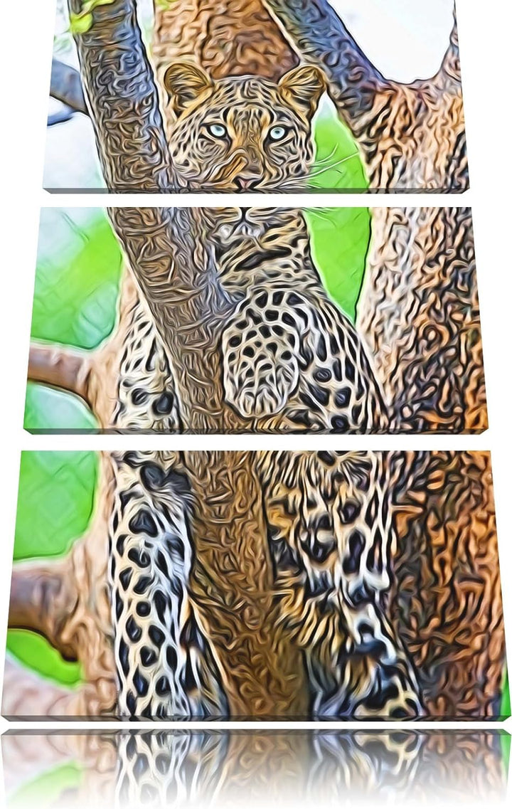 maiestätischer Leopard auf Baum Spezial 3-Teiler Leinwandbild 120x80 Bild auf Leinwand, XXL riesige