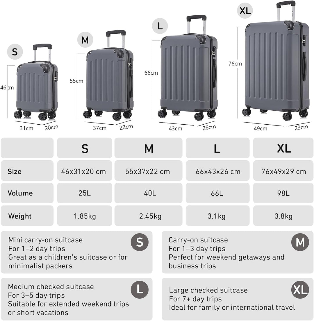 Koffer Suitcase M Grau, Trolley Reisekoffer, Rollkoffer Handgepäck, Kabinenkoffer mit 4 Rollen 360°,