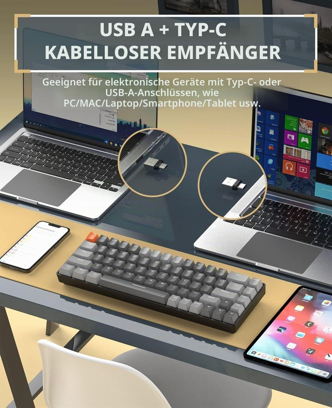 YINDIAO K68 60% Kabellose Mechanische Gaming Tastatur,Bluetooth 5.0/2,4 GHz,Kompakte 68 Tasten Mini