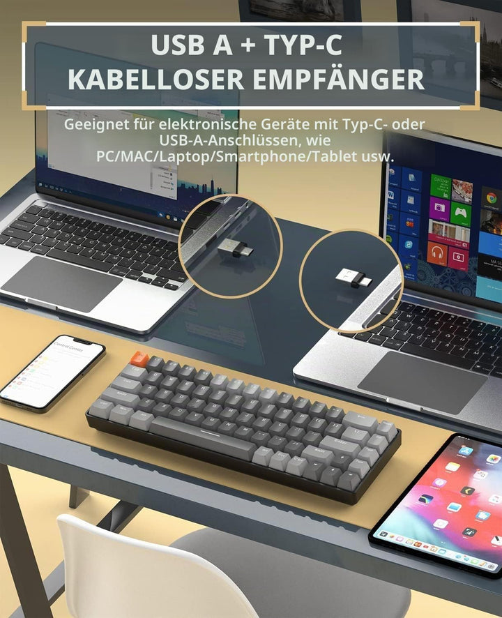 YINDIAO K68 60% Kabellose Mechanische Gaming Tastatur,Bluetooth 5.0/2,4 GHz,Kompakte 68 Tasten Mini