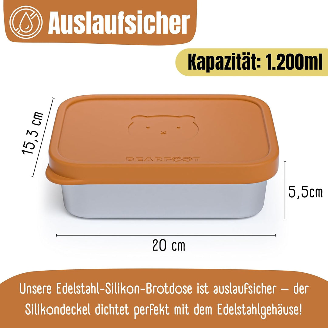 BEARFOOT Edelstahl Brotdose Kinder mit Silikondeckel (Braun, 1.200 ml) | BPA-frei, auslaufsicher, Br