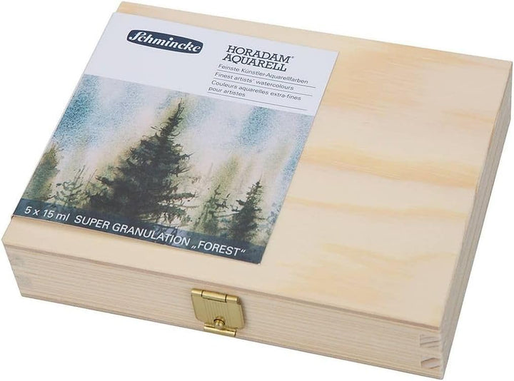 Schmincke – HORADAM® AQUARELL, Super Granulation Set Wald, 5 x 15 ml-Tuben, 74 851 097, Holzkasten,