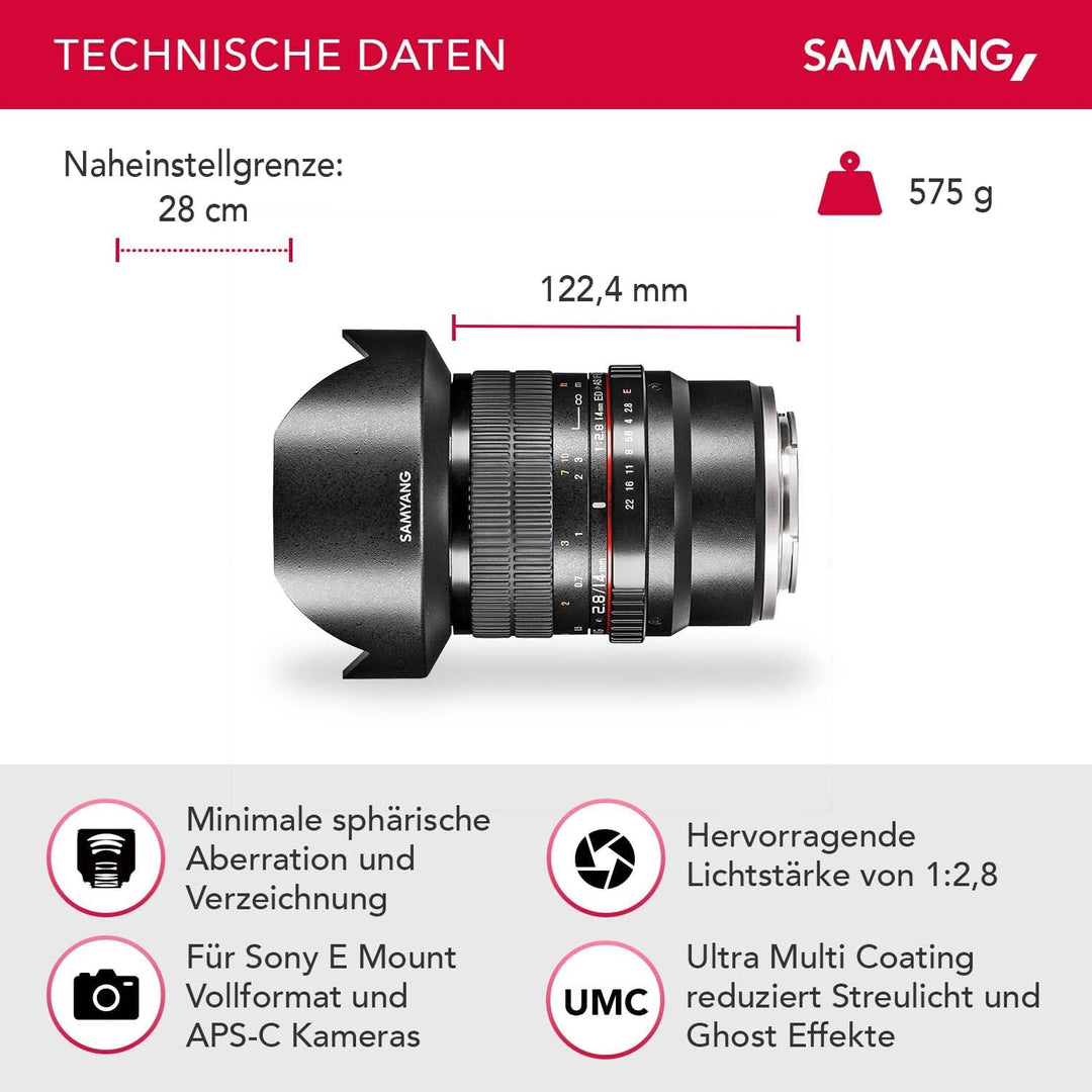 Samyang MF 14mm F2,8 Sony E - Weitwinkelobjektiv für Vollformat und APS-C Sensor - Landschaftsfotogr