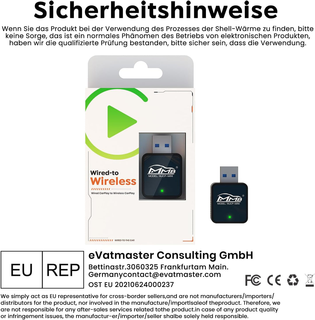 MMB WJCP-MINI CarPlay Wireless Adapter,2024 Upgrade Wireless Car Play Adapter-Dongle, Wandelt Werkse