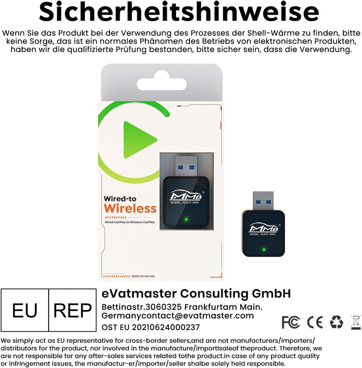 MMB WJCP-MINI CarPlay Wireless Adapter,2024 Upgrade Wireless Car Play Adapter-Dongle, Wandelt Werkse