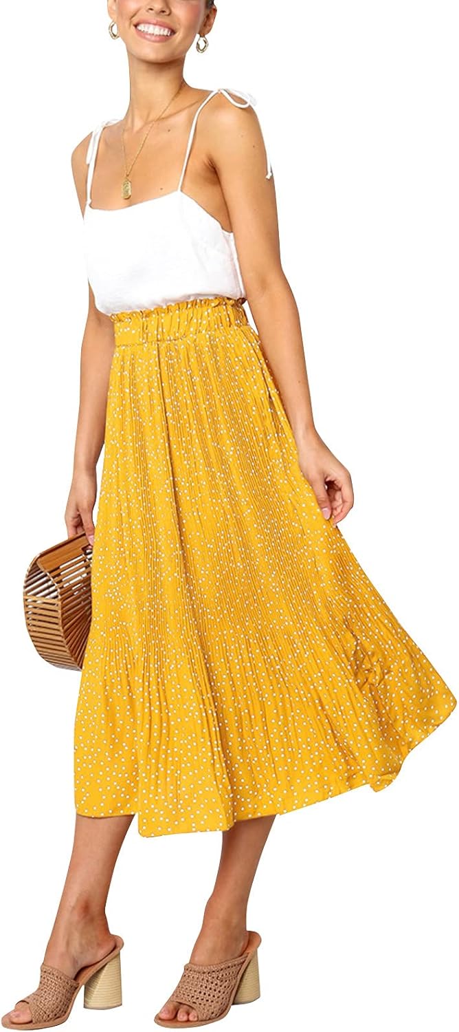 Hoerev Frauen Print Punkt mit Taschen Falten Langer Rock Beach Party Maxi Rock S Gelb Punkt, S Gelb