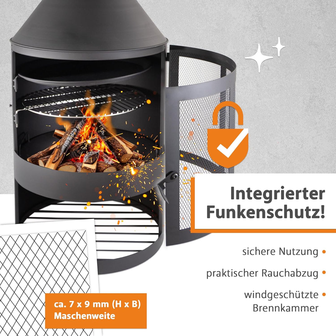 Lemodo Gartenkamin mit Grillrost und Pfanne, Outdoor-Kamin 136cm mit Funkenschutztür, Grillkamin für