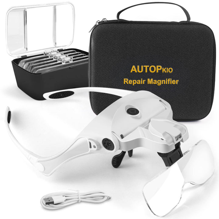 AUTOPkio Lupenbrille mit Licht Aufbewahrungstasche, USB Wiederaufladbar Kopflupe Stirnbandlupe Lupe